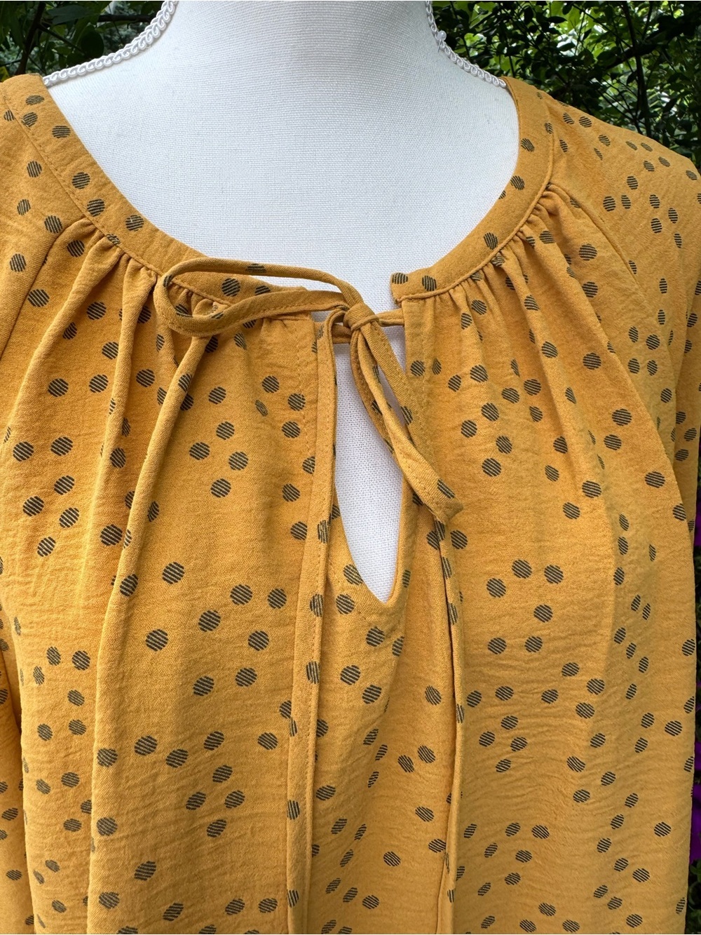 Mustard Polka Dot Tie Neck Peasant Blouse Large XL - Picture 2 of 6
